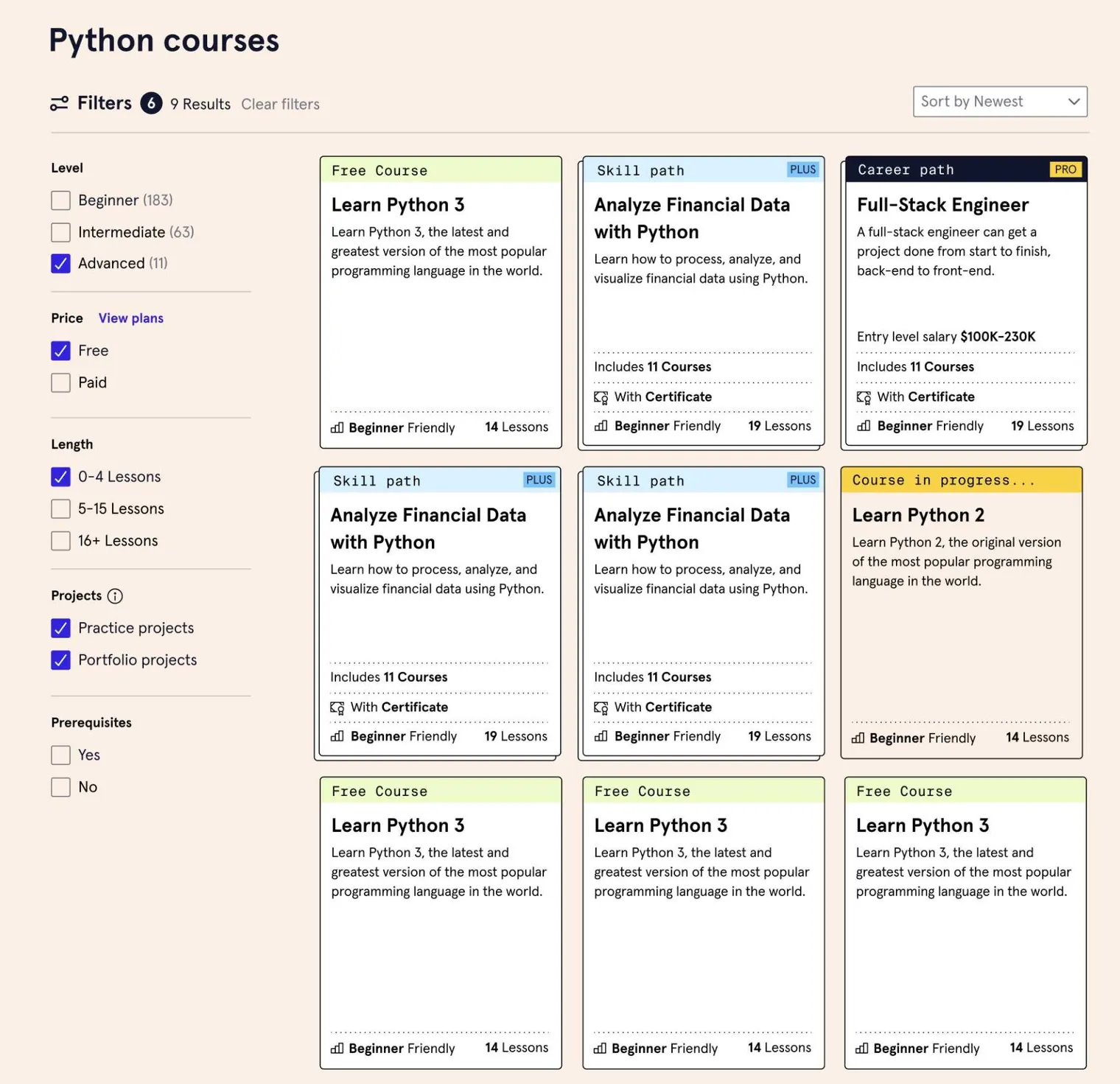 Python courses catalog page using the new card system