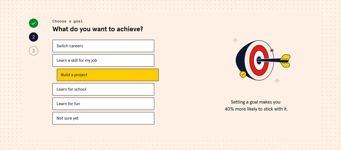 Quiz step 2: What do you want to achieve? with a goal-setting stat