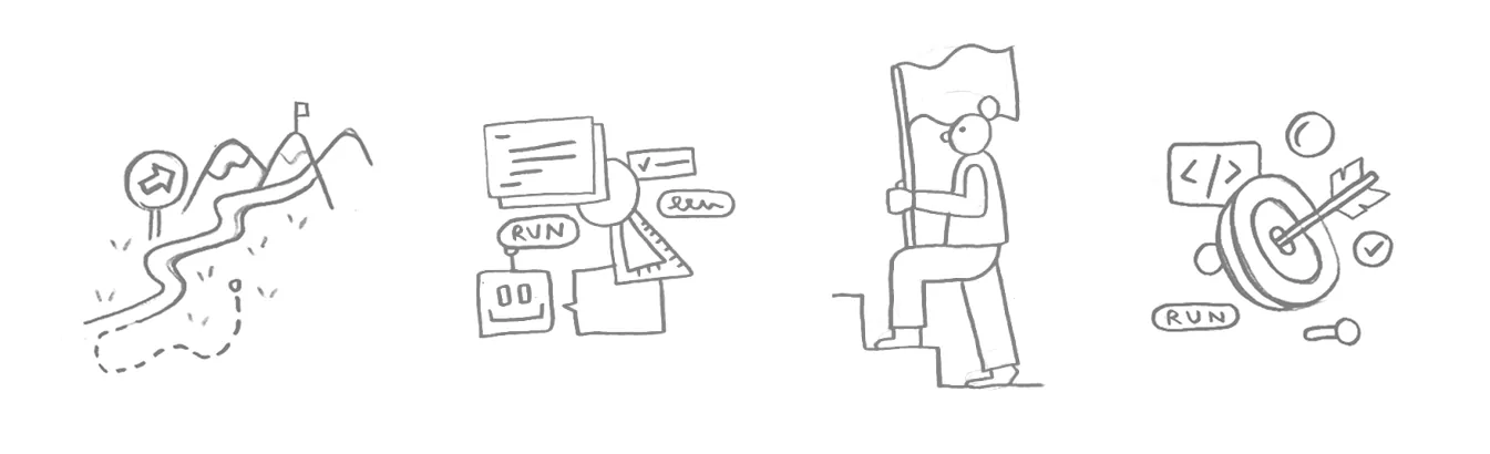 Early pencil sketches for the onboarding illustrations: a winding path to a mountain flag, a code workspace, a figure climbing stairs with a flag, and a target with an arrow