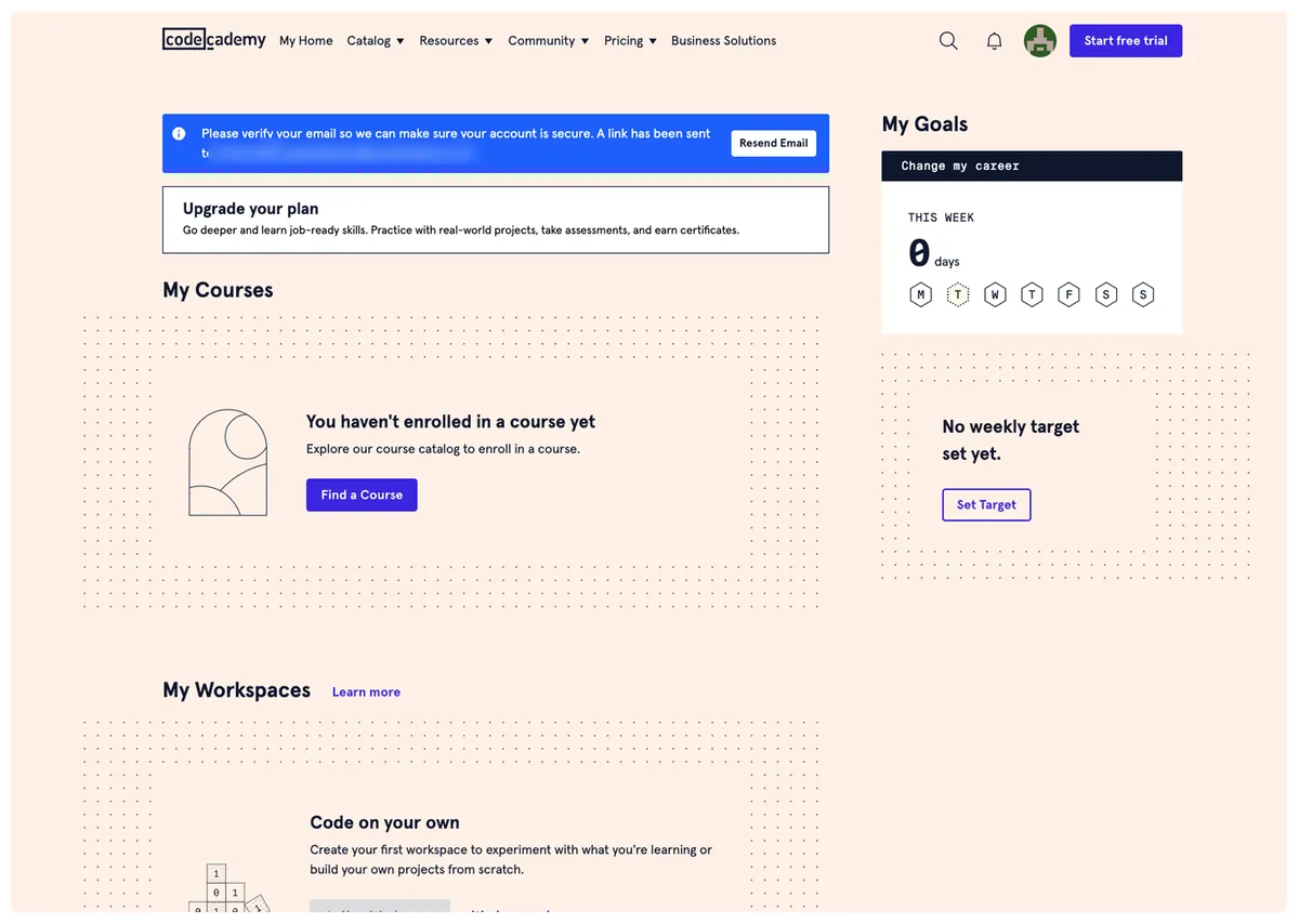 Empty dashboard for first-time learners, before the redesign